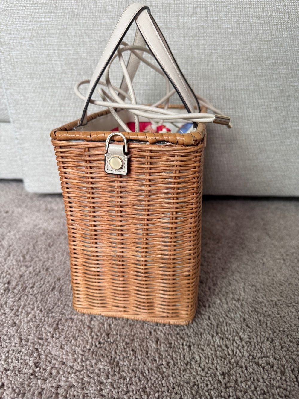 Kate Spade NY Woven Wicker bucket satchel bag floral canvas drawstring liner - Picture 7 of 16